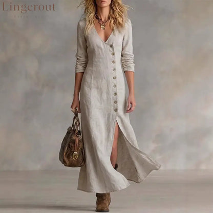 Long Multi-Button Fashion Cotton And Linen Dresses