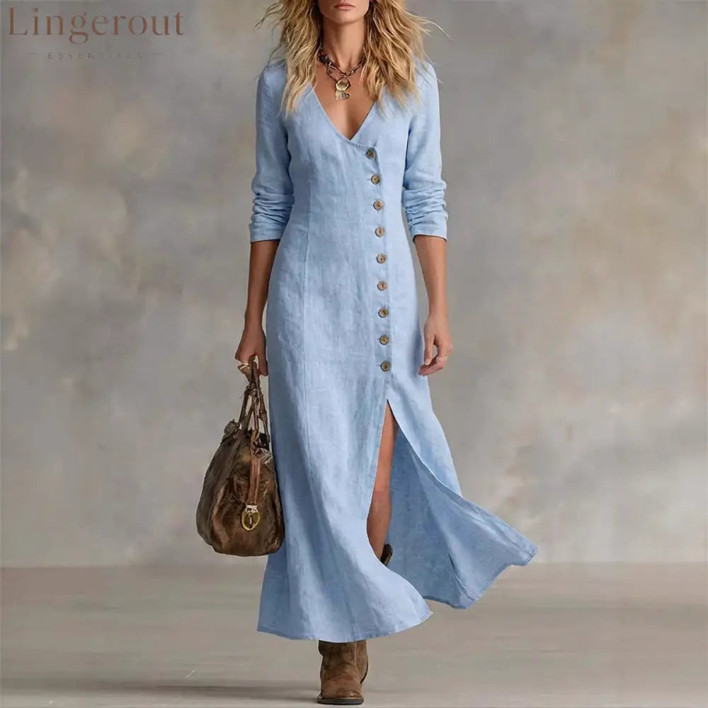 Long Multi-Button Fashion Cotton And Linen Dresses