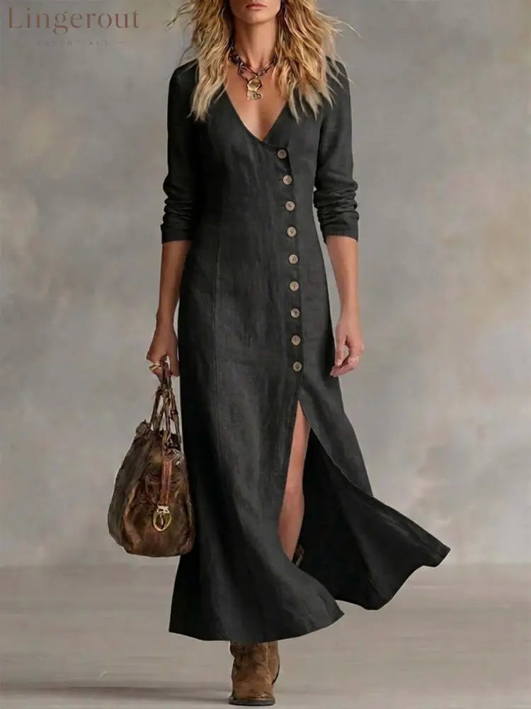 Long Multi-Button Fashion Cotton And Linen Dresses - Black / S