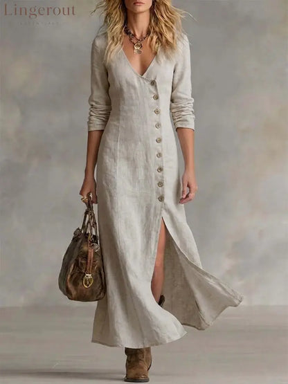 Long Multi-Button Fashion Cotton And Linen Dresses - Light gray / S