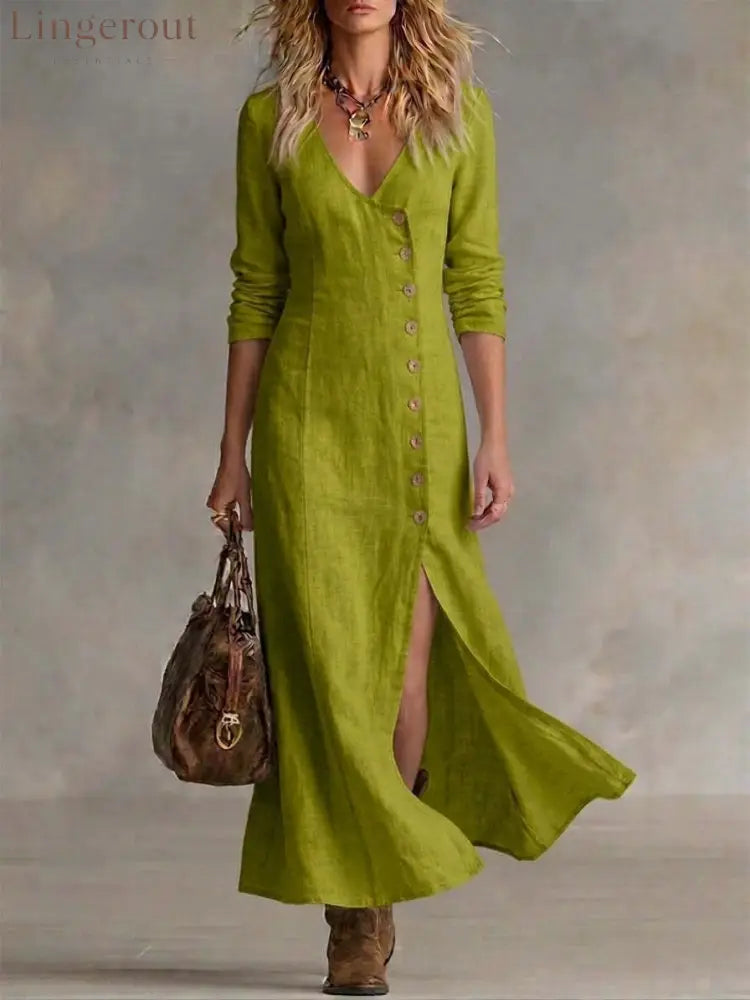 Long Multi-Button Fashion Cotton And Linen Dresses - Yellow-green / S