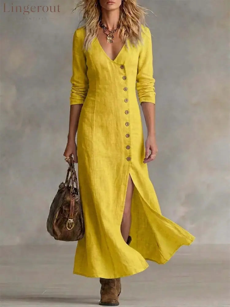 Long Multi-Button Fashion Cotton And Linen Dresses - Yellow / S