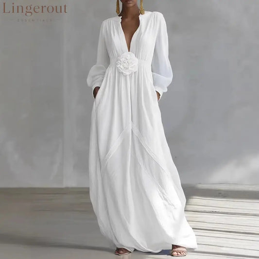 Long Puff Sleeve Textured Fabric Flowy Wedding Guest Dress with Side Pockets