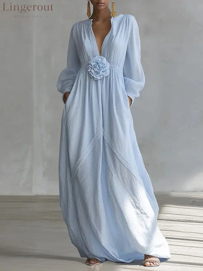 Long Puff Sleeve Textured Fabric Flowy Wedding Guest Dress with Side Pockets - Sky blue / S