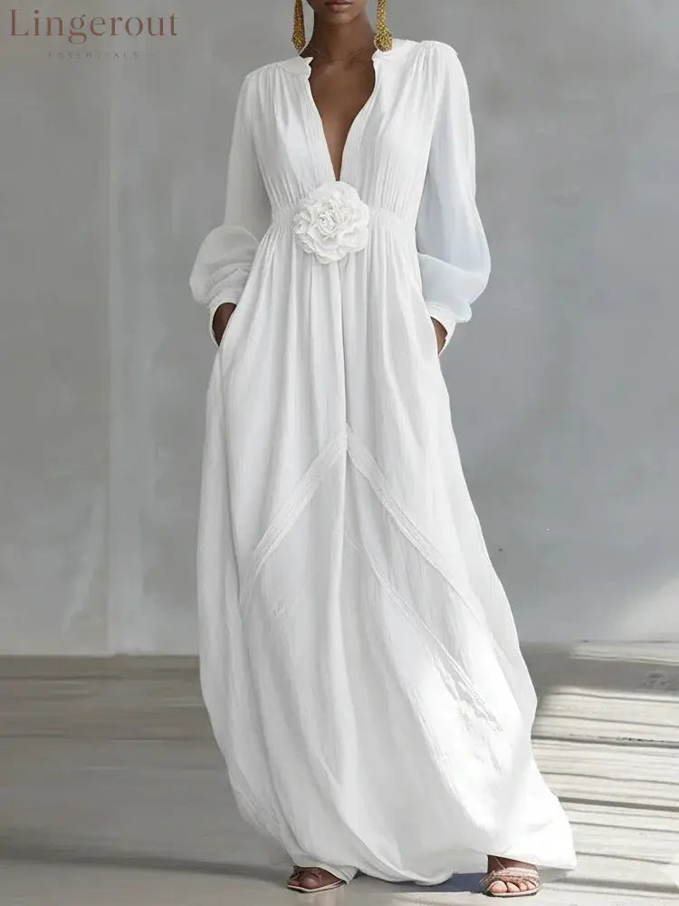 Long Puff Sleeve Textured Fabric Flowy Wedding Guest Dress with Side Pockets - White / S
