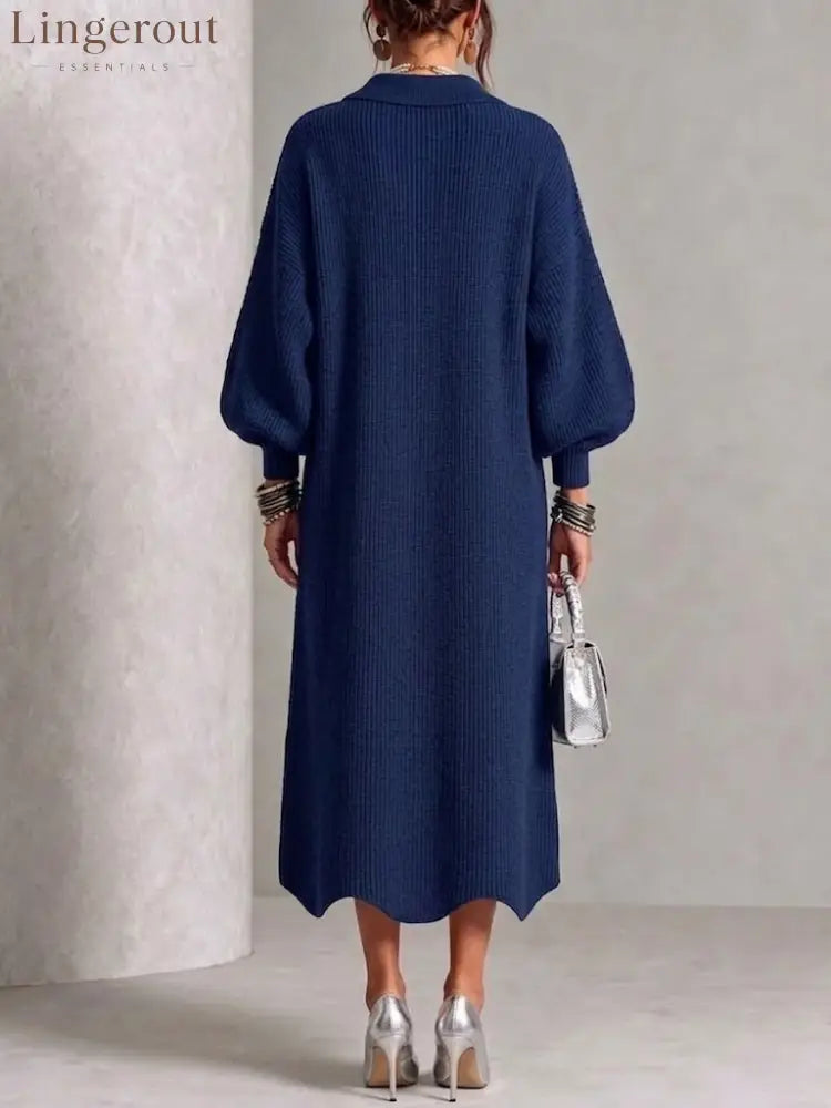 Long-sleeve Knit Dress With A Large Metal Buckle Lapel Collar And Lantern Sleeves