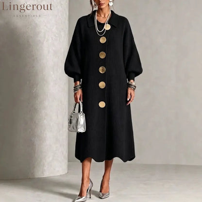 Long-sleeve Knit Dress With A Large Metal Buckle Lapel Collar And Lantern Sleeves - Black / S
