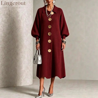 Long-sleeve Knit Dress With A Large Metal Buckle Lapel Collar And Lantern Sleeves - Burgundy / S