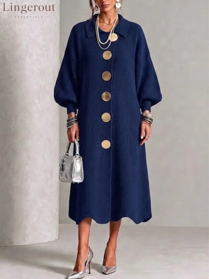 Long-sleeve Knit Dress With A Large Metal Buckle Lapel Collar And Lantern Sleeves - Navy blue / S