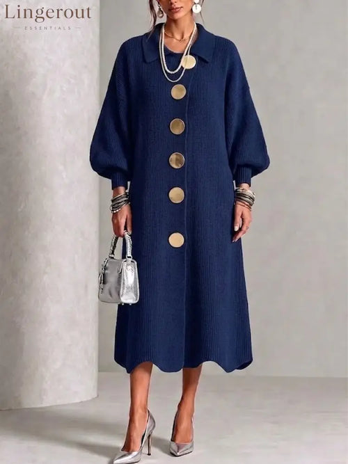 Long-sleeve Knit Dress With A Large Metal Buckle Lapel Collar And Lantern Sleeves - Navy blue / S