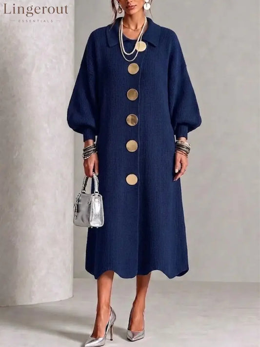 Long-sleeve Knit Dress With A Large Metal Buckle Lapel Collar And Lantern Sleeves - Navy blue / S