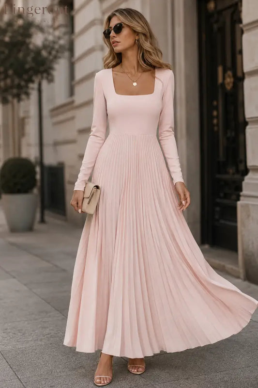 Long Sleeve Square Neck Pleated Maxi Dress