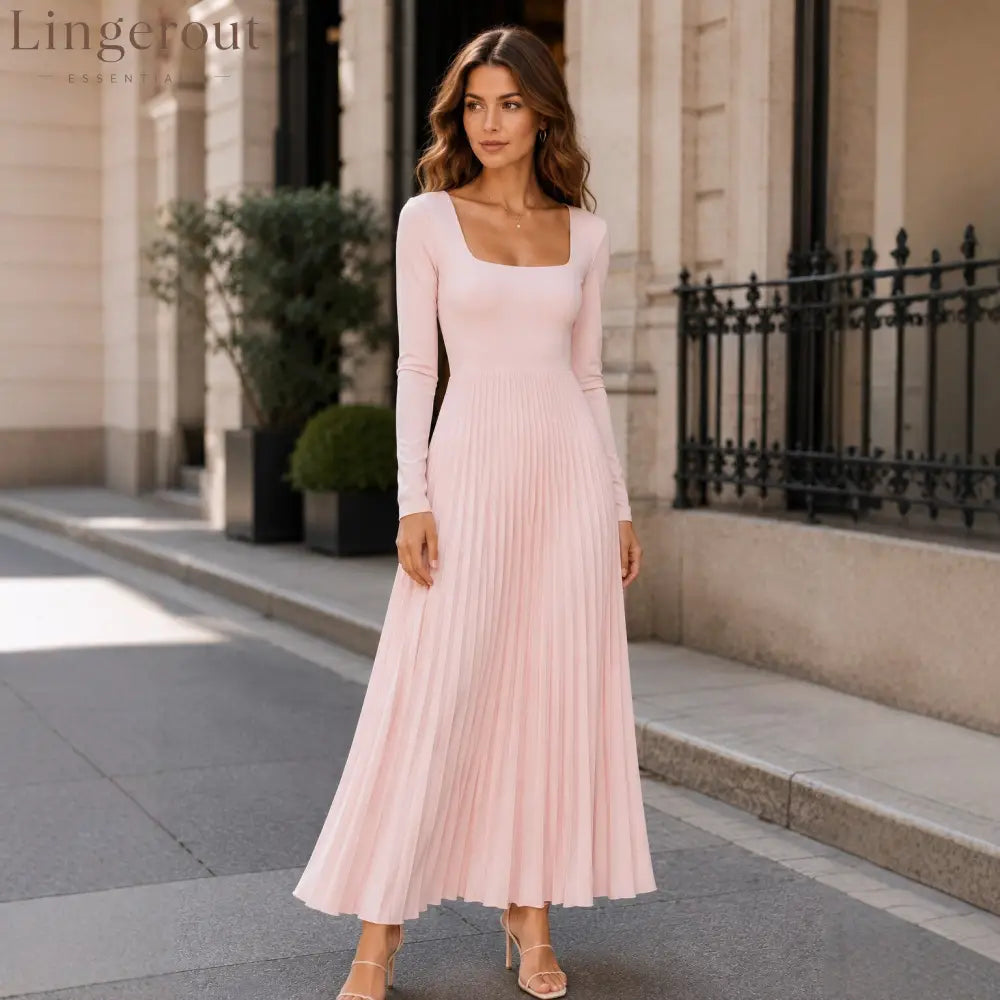 Long Sleeve Square Neck Pleated Maxi Dress