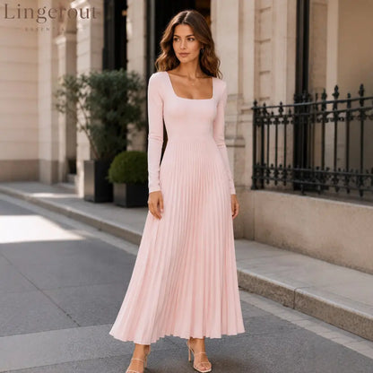Long Sleeve Square Neck Pleated Maxi Dress