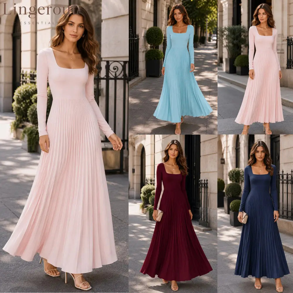 Long Sleeve Square Neck Pleated Maxi Dress