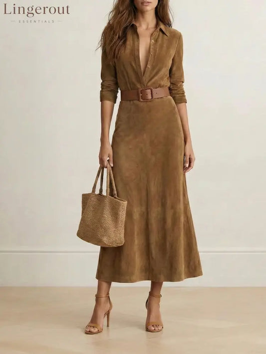 Long Sleeves Split-Joint Lapel Maxi Dresses Shirt Dress