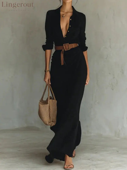 Long Sleeves Split-Joint Lapel Maxi Dresses Shirt Dress - BLACK / S