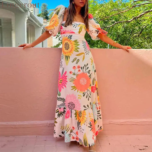 Looking for Sunshine Floral Print Square Neck Bubble Sleeve Maxi Dress - White / S