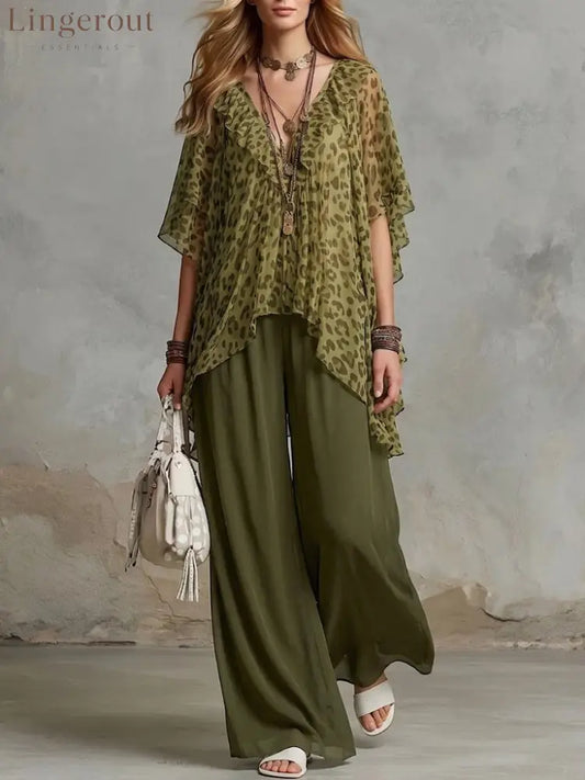 Loose And Cozy Leopard Print Chiffon Two-piece Set (top & Pants) - Olive / S