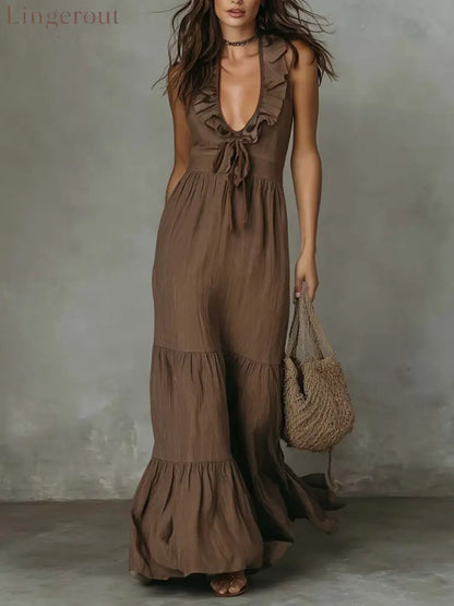 Loose Casual Deep V Ruffled Sleeveless Long Skirt Dress - Brown / S