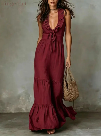 Loose Casual Deep V Ruffled Sleeveless Long Skirt Dress - Claret / S