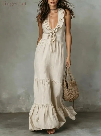 Loose Casual Deep V Ruffled Sleeveless Long Skirt Dress - Milky / S