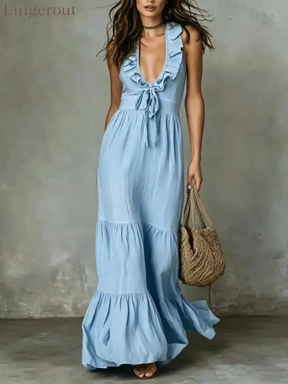 Loose Casual Deep V Ruffled Sleeveless Long Skirt Dress - Sky blue / S