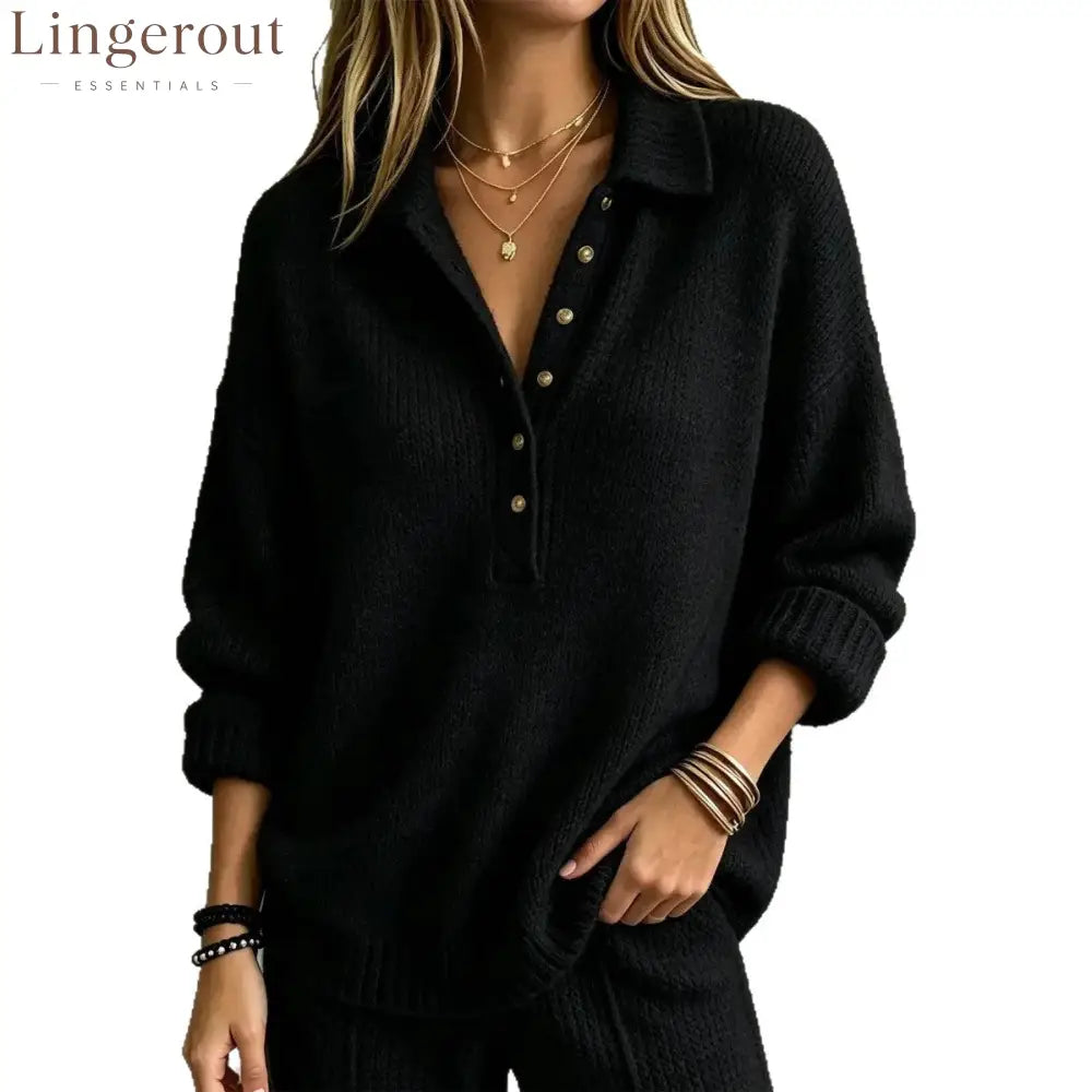 Loose Collared Henley Knit Sweater Women Solid Long Sleeve Casual Pullover Top