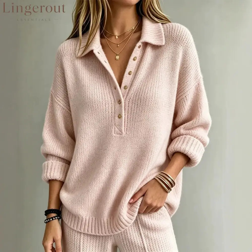 Loose Collared Henley Knit Sweater Women Solid Long Sleeve Casual Pullover Top