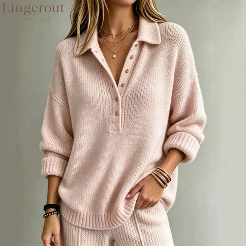 Loose Collared Henley Knit Sweater Women Solid Long Sleeve Casual Pullover Top