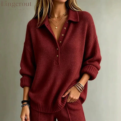 Loose Collared Henley Knit Sweater Women Solid Long Sleeve Casual Pullover Top