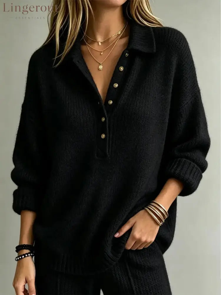 Loose Collared Henley Knit Sweater Women Solid Long Sleeve Casual Pullover Top - Black / S