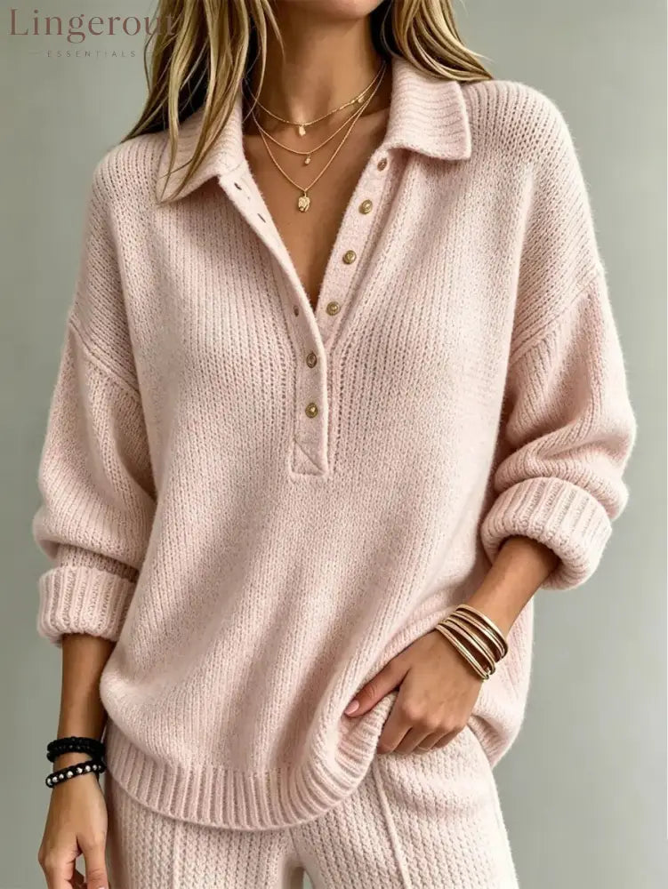 Loose Collared Henley Knit Sweater Women Solid Long Sleeve Casual Pullover Top - Pink / S
