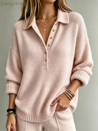 Loose Collared Henley Knit Sweater Women Solid Long Sleeve Casual Pullover Top - Pink / S
