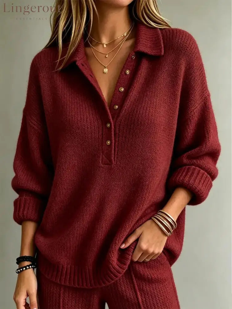 Loose Collared Henley Knit Sweater Women Solid Long Sleeve Casual Pullover Top - Red / S
