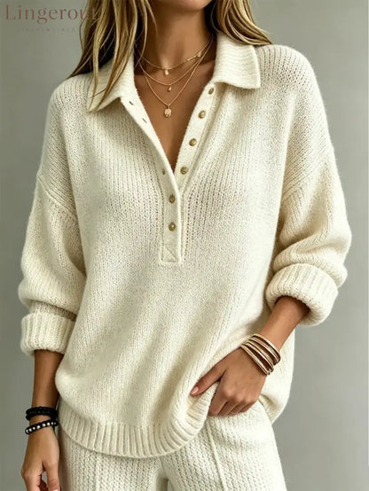 Loose Collared Henley Knit Sweater Women Solid Long Sleeve Casual Pullover Top - White / S