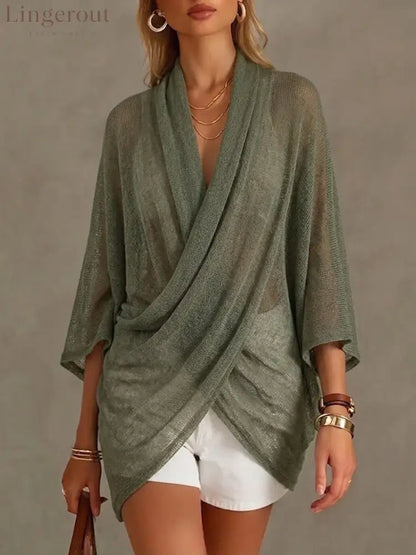 Loose Cozy And Lightweight Knitted Top - Green / S