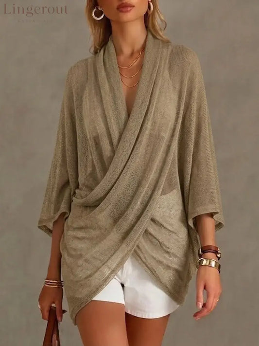 Loose Cozy And Lightweight Knitted Top - Khaki / S