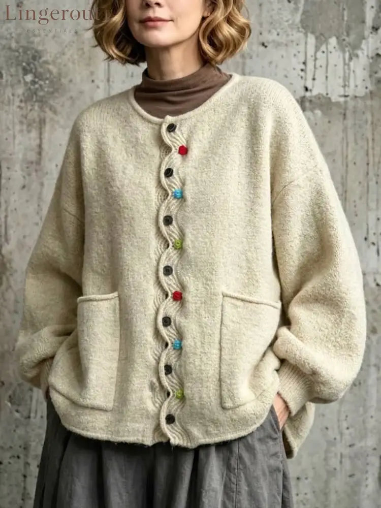 Loose-fit Drop-shoulder Knit Cardigan Featuring A Wavy Placket Decorative Colorful Buttons And Large Patch Pockets