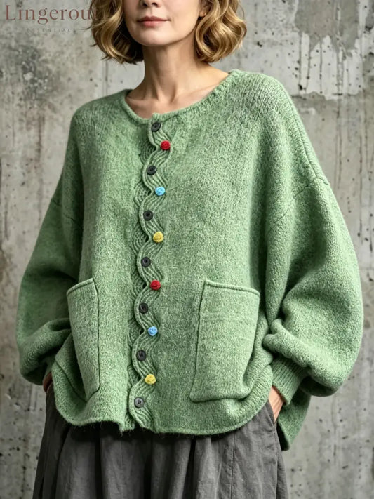 Loose-fit Drop-shoulder Knit Cardigan Featuring A Wavy Placket Decorative Colorful Buttons And Large Patch Pockets