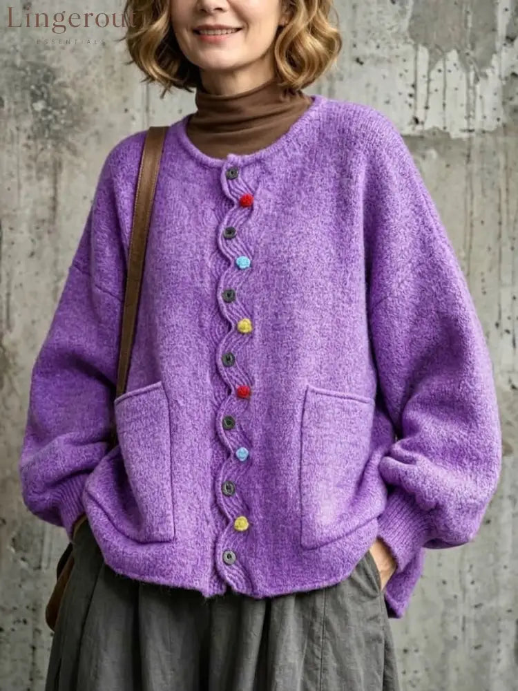 Loose-fit Drop-shoulder Knit Cardigan Featuring A Wavy Placket Decorative Colorful Buttons And Large Patch Pockets
