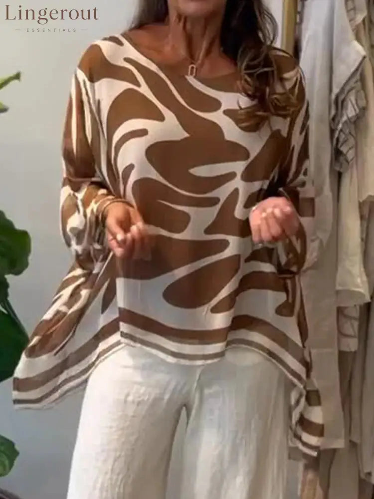 Loose-fitting Casual Printed Chiffon Top - Brown / S