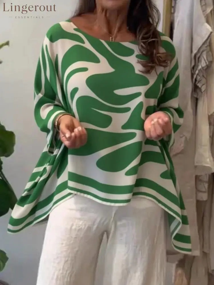 Loose-fitting Casual Printed Chiffon Top - Green / S