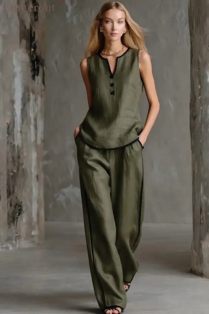 Loose-fitting Cotton-linen Color-blocked Sleeveless Top And Pants Set - Army green / S