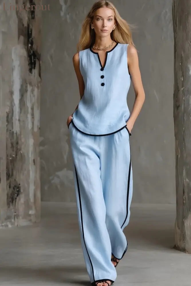 Loose-fitting Cotton-linen Color-blocked Sleeveless Top And Pants Set - Sky blue / S