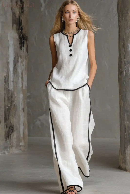 Loose-fitting Cotton-linen Color-blocked Sleeveless Top And Pants Set - White / S