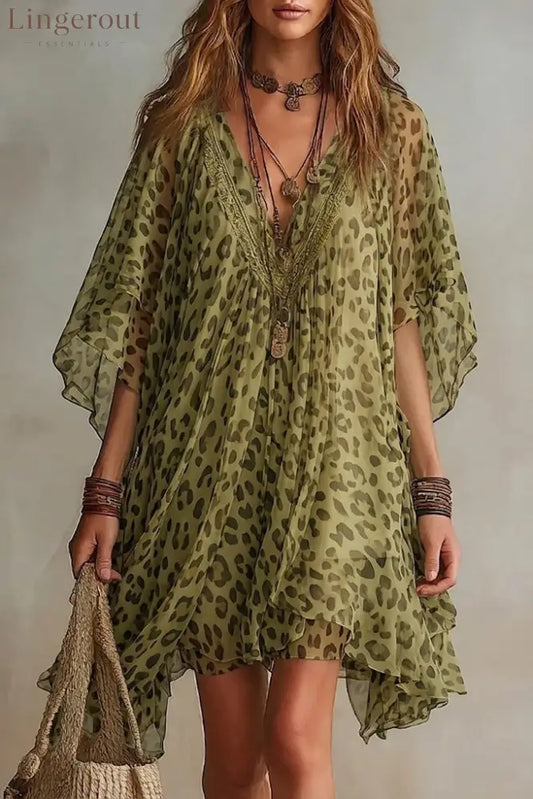 Loose-fitting Flowy V-neck Leopard Print Chiffon Dress - Green / S