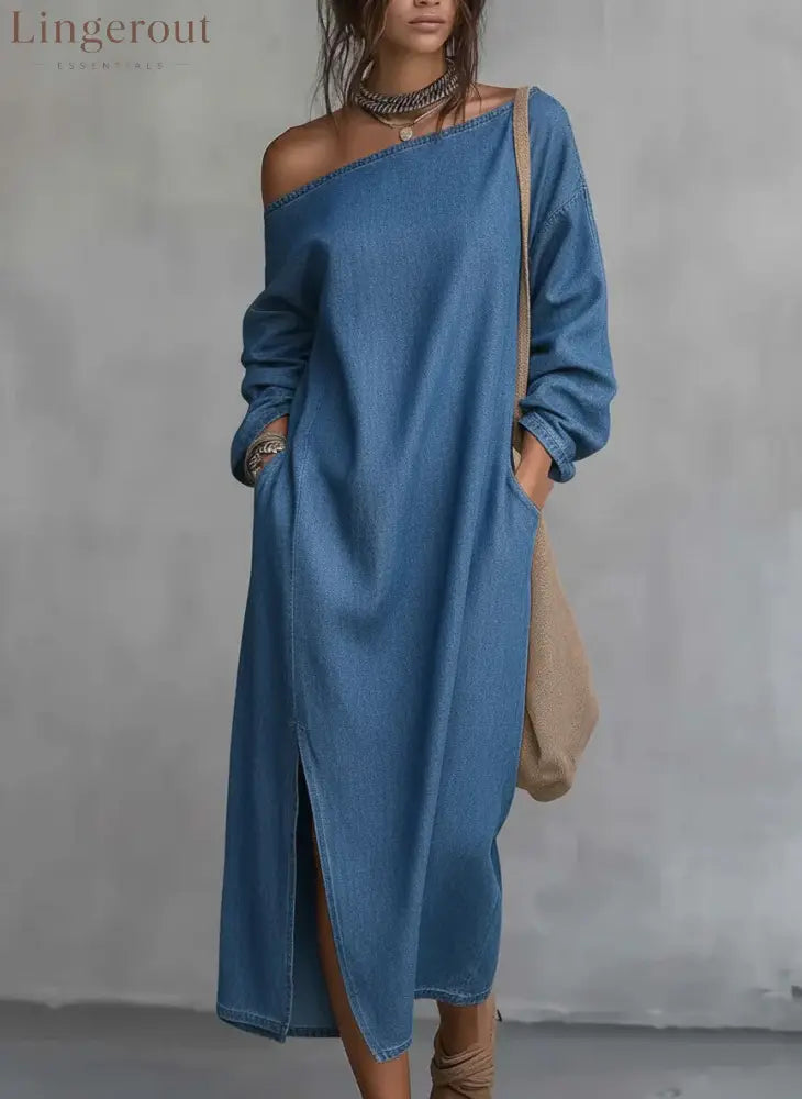 Loose-fitting One Shoulder Split Hem Cotton Linen Midi Dress - Blue / S - Dresses