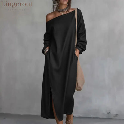 Loose-fitting One Shoulder Split Hem Cotton Linen Midi Dress - Dresses