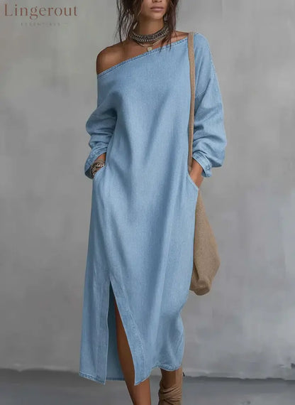 Loose-fitting One Shoulder Split Hem Cotton Linen Midi Dress - Sky blue / S - Dresses